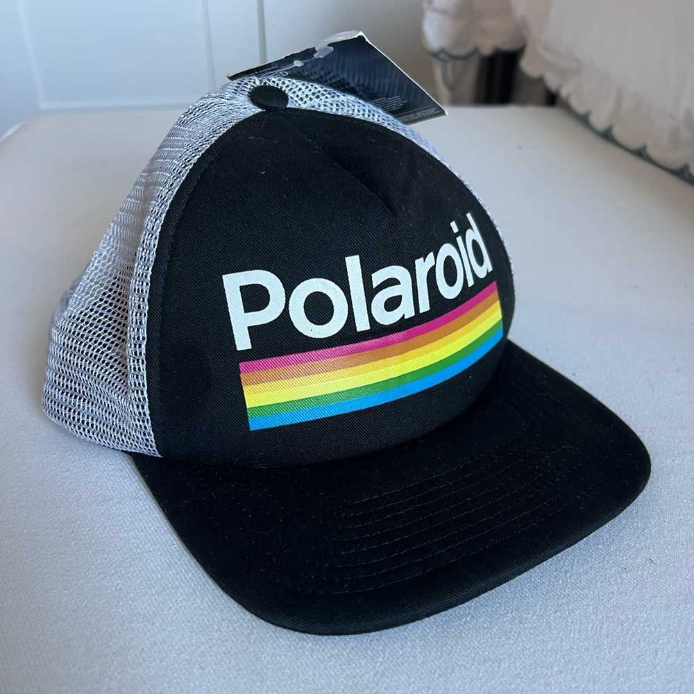 Polaroid Black and White Trucker Hat with Rainbow Logo